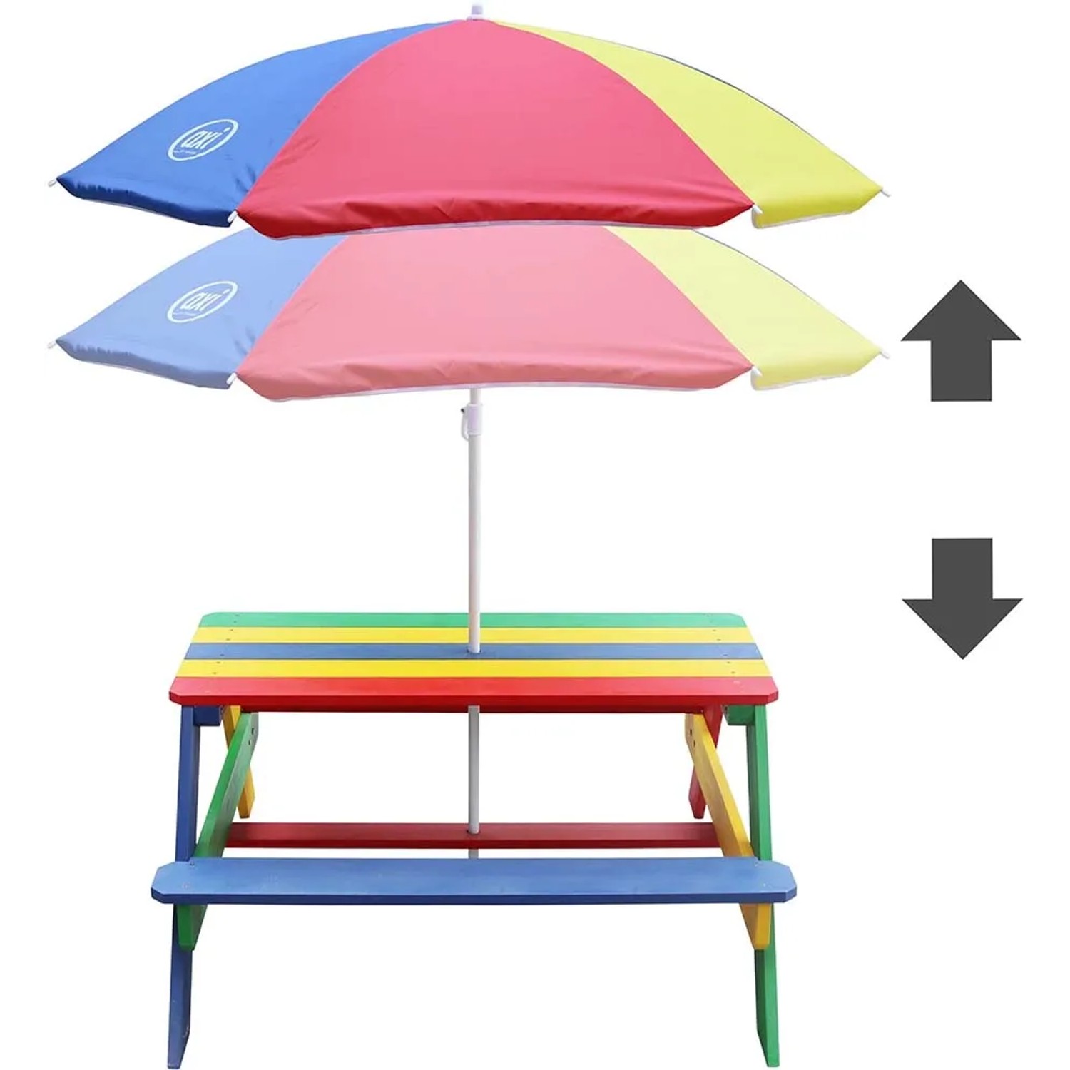 Axi Nick Picknicktisch Regenbogen mit Sonnenschirm, farbenfroher Kindertisch für Spiel & Spaß im Garten.