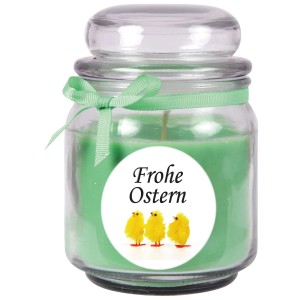 Duftkerze "Frohe Ostern" im Glas mit Küken-Motiv und Kokos-Limetten Duft.