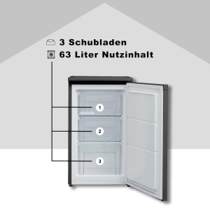 Telefunken Gefrierschrank, 63L Nutzinhalt, offene Tür mit 3 Schubladen.