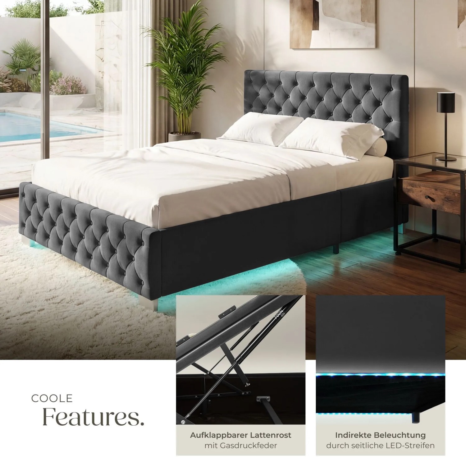Tectake Polsterbett Sedona In Samtoptik Mit Steppmuster Indirekte Led Beleuchtung An Den Seiten 120 x 200 cm 215 x 129 x 83 cm Samtoptik Schwarz_4