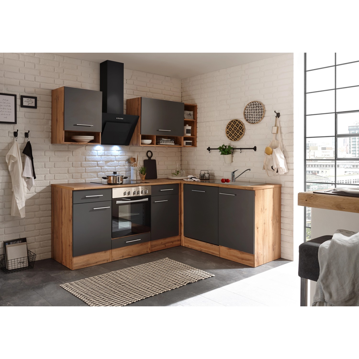 Respekta Winkelküche in Grau und Wildeiche Nachbildung mit E-Geräten und viel Stauraum.