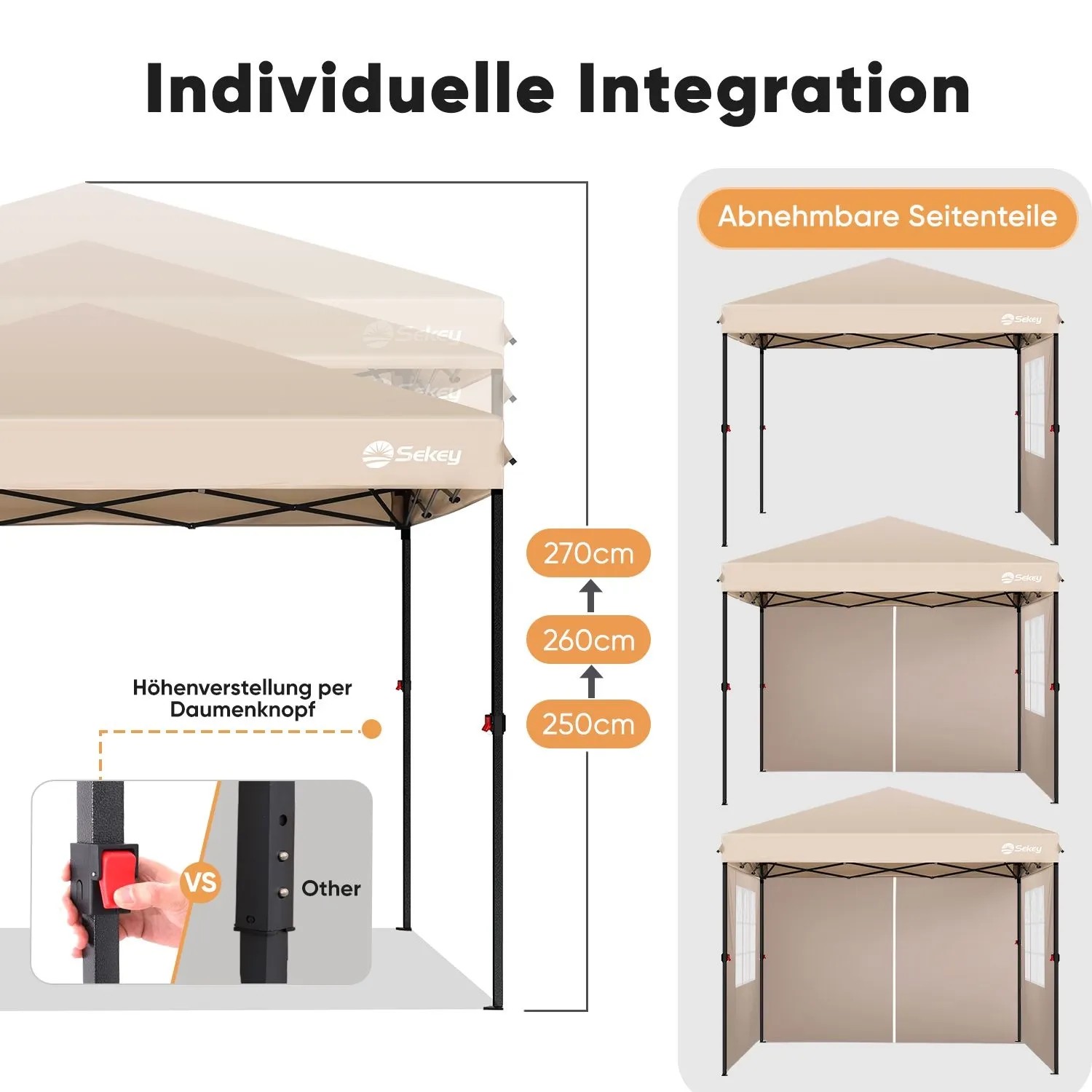 Khakifarbener Sekey Pop Up Pavillon 3x3 mit Höhenverstellung (250-270cm) und flexiblen, abnehmbaren Seitenteilen.