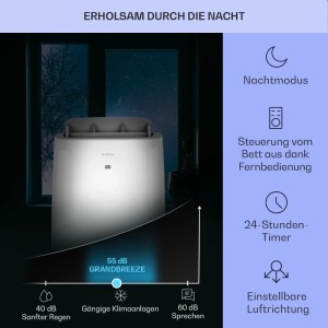 Weisse Klarstein Grandbreeze Eco 12K Klimaanlage mit Nachtmodus und Fernbedienung.