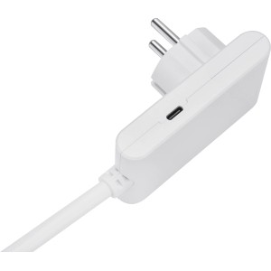 Weißes Verlängerungskabel mit Schutzkontakt, USB-A und USB-C Anschluss, 3 m lang.