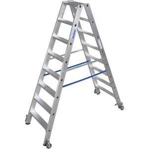 Krause Stabilo Stufen-Doppel-Leiter, fahrbar, 2x8 Stufen, aus Aluminium mit Rollen.
