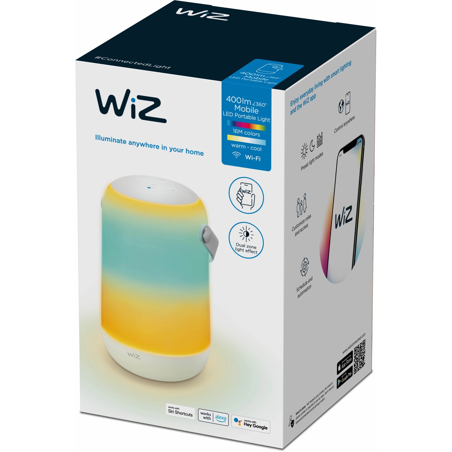 Verpackung der WiZ Smart LED Tischleuchte Mobile Portable mit Farbverlauf.