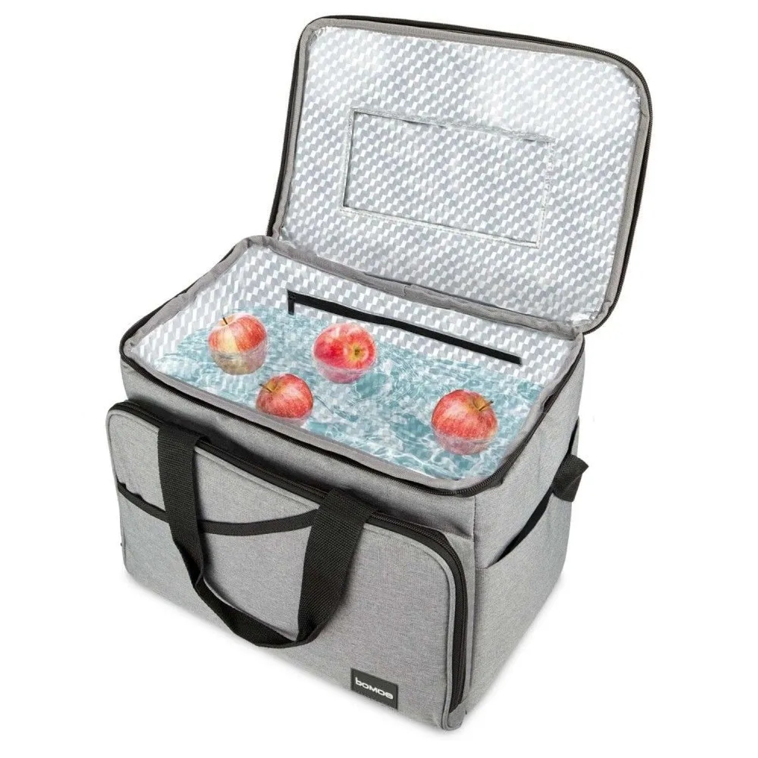 Graue Bomoe IceBreezer KT39 Kühltasche, offen mit Äpfeln und Kühlakkus. Ideal für unterwegs.