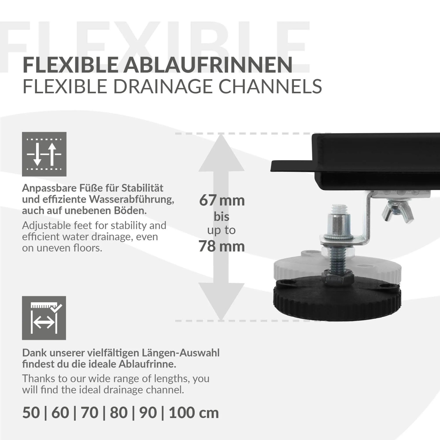 Detailaufnahme: LuxeBath Duschrinne 50cm, 2in1 befliesbar, extra flach, schwarz, mit verstellbaren Füßen.