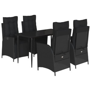 Schwarze 5-tlg. vidaXL Garten-Essgruppe aus Poly Rattan mit Tisch und Stühlen mit Kissen.