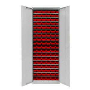 PROREGAL Flügeltürenschrank mit 108 roten Sichtlagerkästen, lichtgrau. Aktenschrank für Werkstatt und Lager.