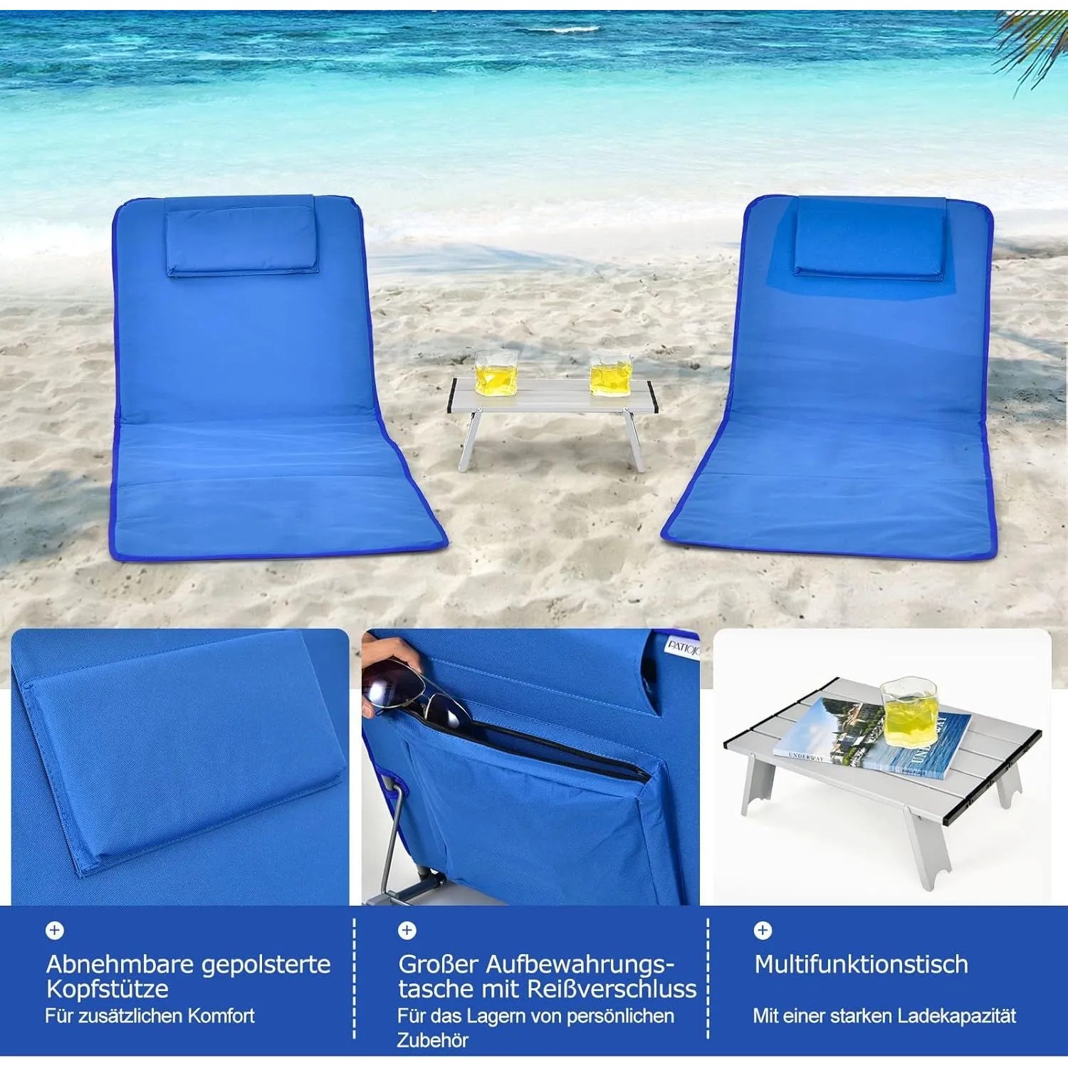 Costway 2er Set Strandmatte mit Beistelltisch Kopfkissen & Staufach Blau_5