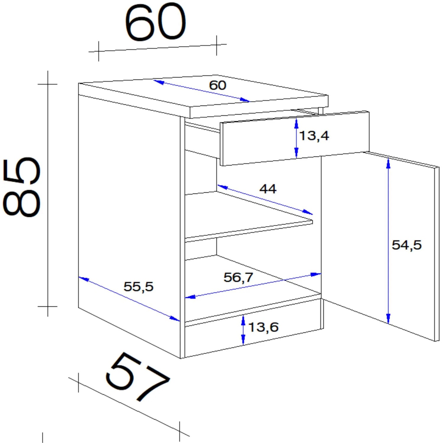 Technische Zeichnung: Flex-Well Unterschrank Lucca 60 cm mit Maßen, Küchenunterschrank mit Schublade und Tür.