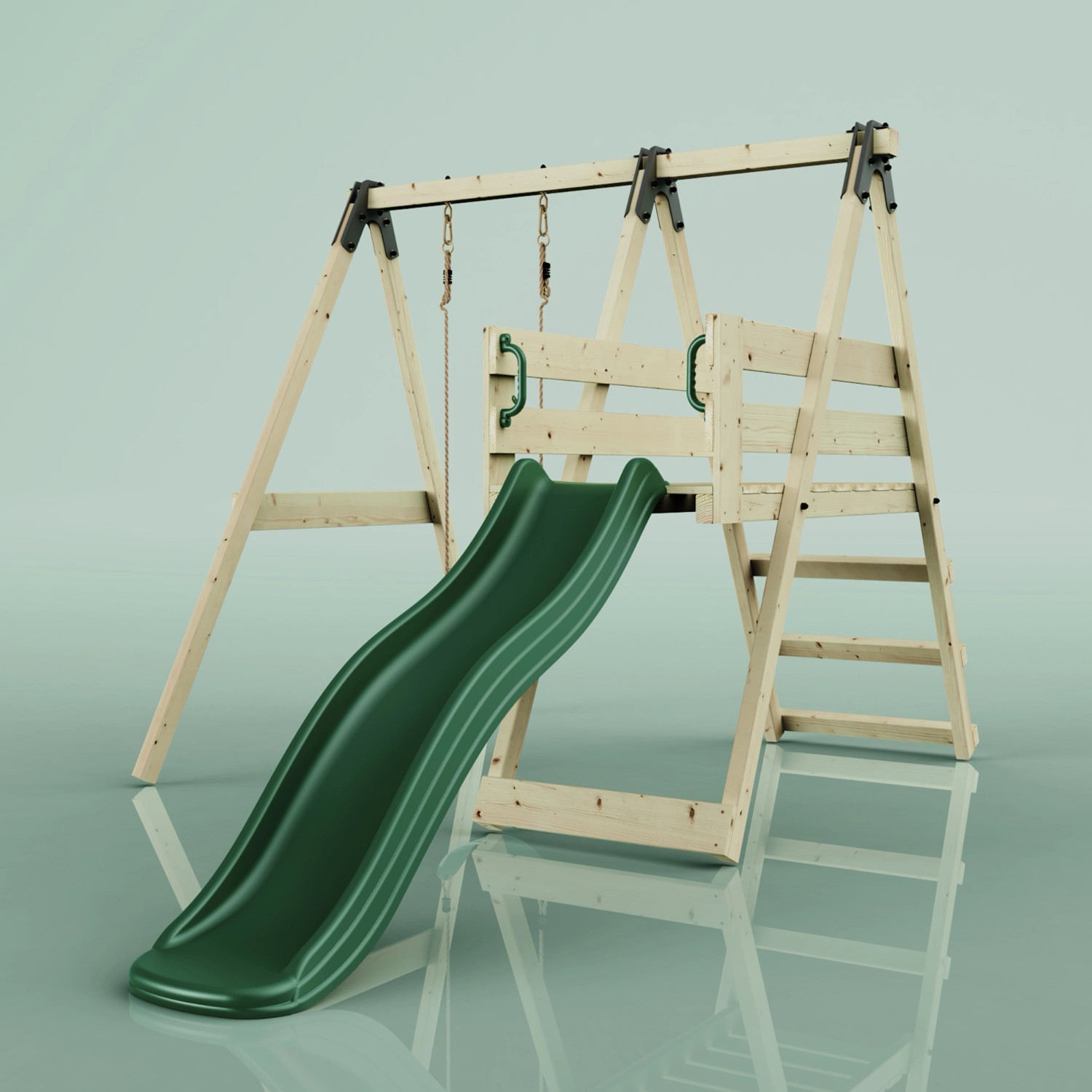 REBO Schaukel Orchidee Dunkelgrün mit Rutsche und Leiter aus unbehandeltem Holz.