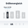 Größenvergleich: ANSMANN Mignon AA Akku, dargestellt neben anderen Batteriegrößen.