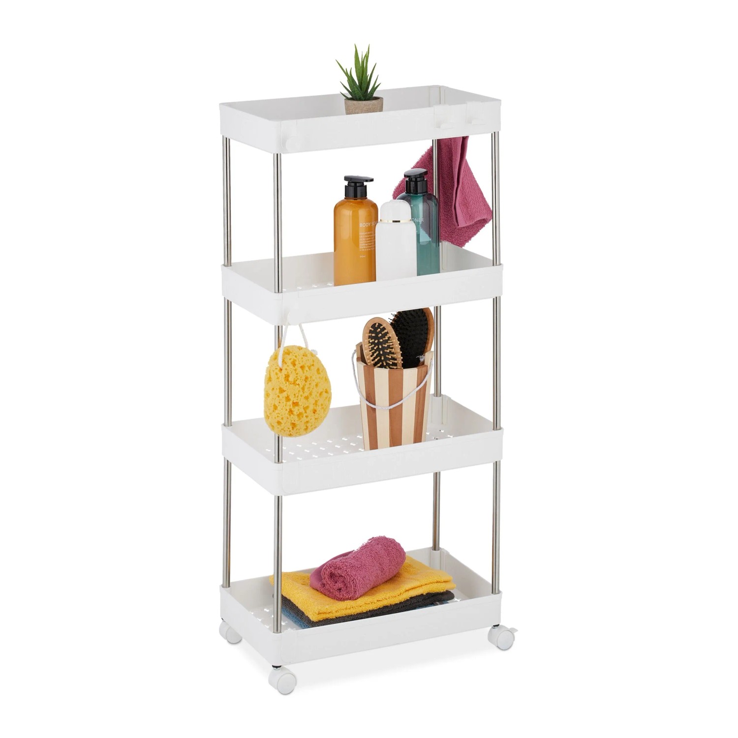 Relaxdays Nischenwagen Kunststoff Edelstahl Weiß 4 Ebenen 88 cm x 41,5 cm x 23,5 cm 1,5 kg
