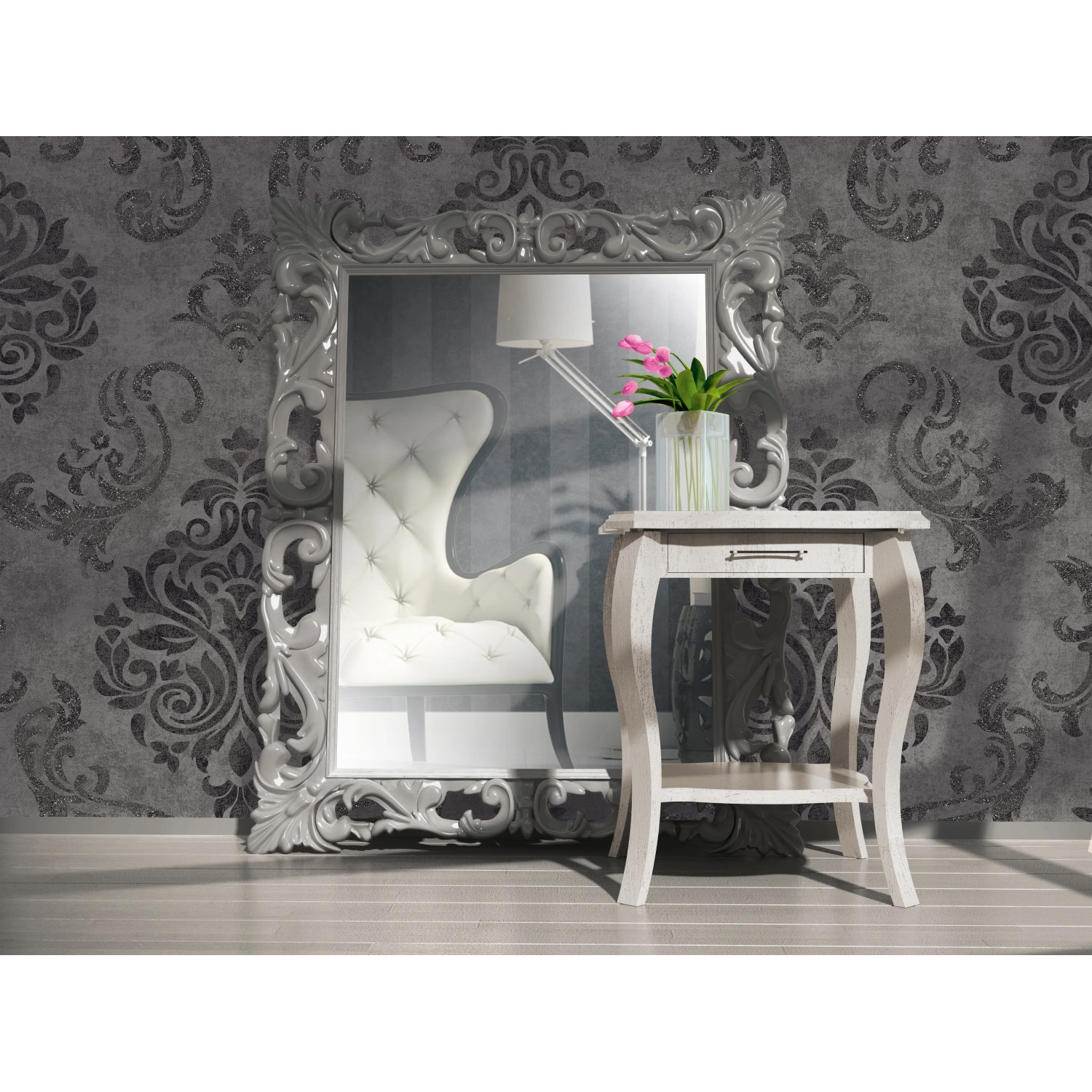 A.S. Creation Vliestapete Elegance Barock Grau mit Barockmuster im Wohnraum.