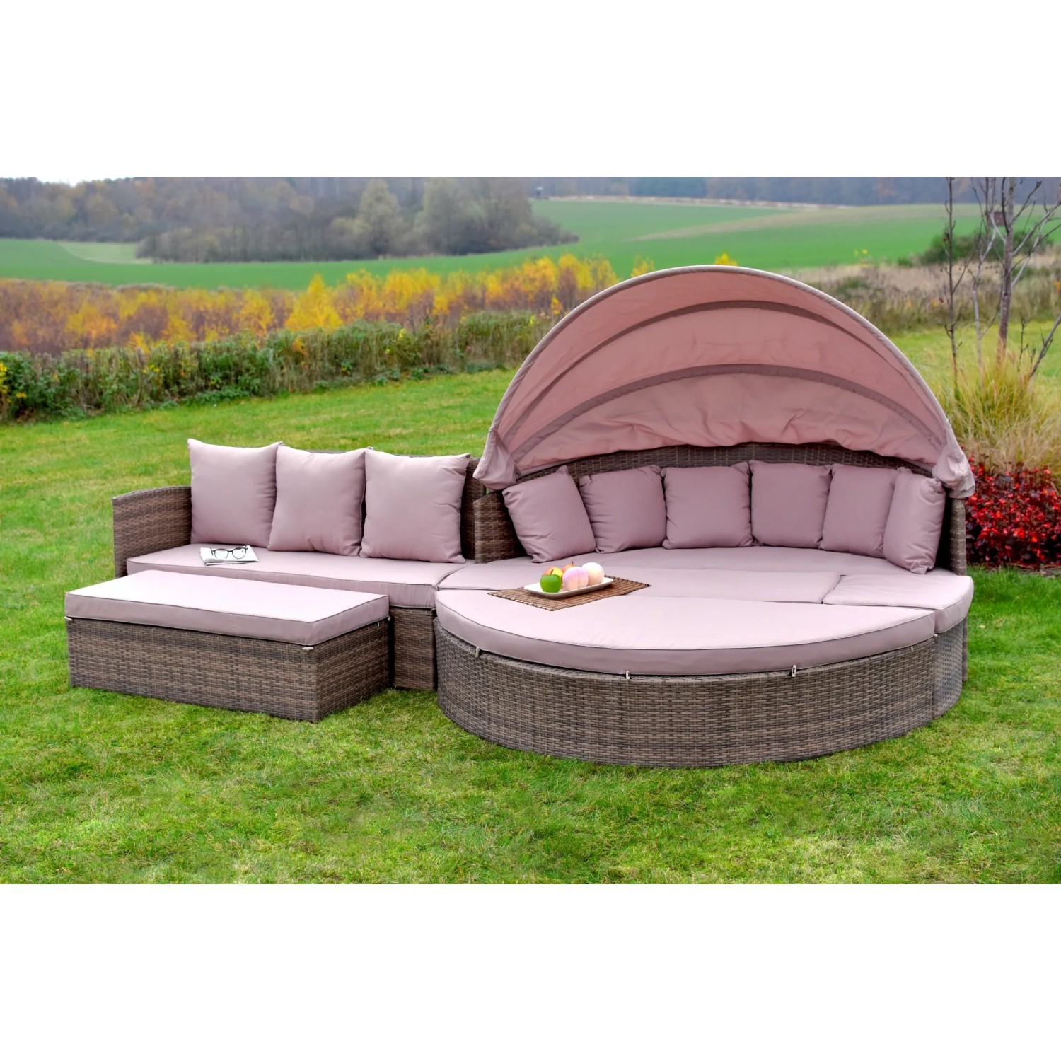 Merxx Riva-Insel mit Erweiterung: Lounge-Gartenmöbel mit Dach, Bank, Tisch und Auflagen.