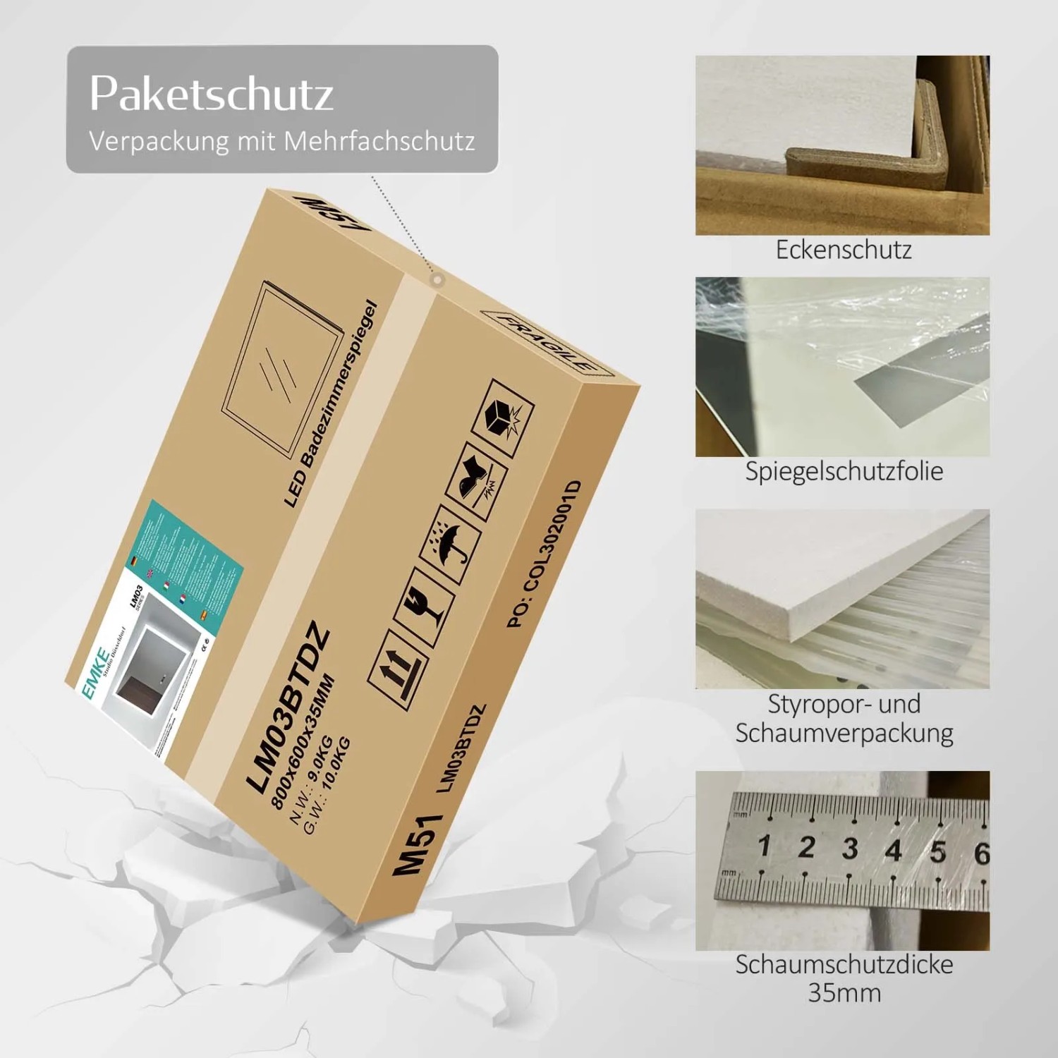 Verpackung des Emke Badspiegels 70x50 mit Beleuchtung und schwarzem Rand, geschützt durch Eckenschutz, Folie und Schaumstoff.