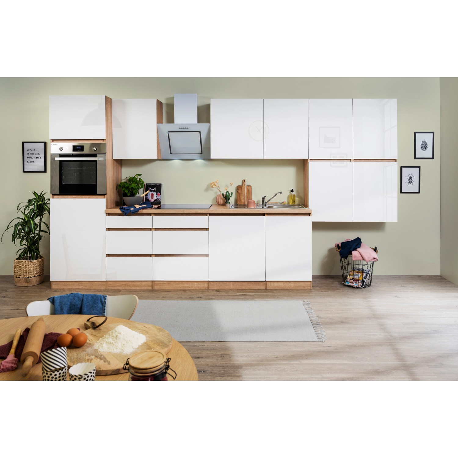 Respekta Küchenzeile/Küchenblock GLRP380HESW Grifflos 380 cm Weiß Hochglanz-Sonoma Eiche