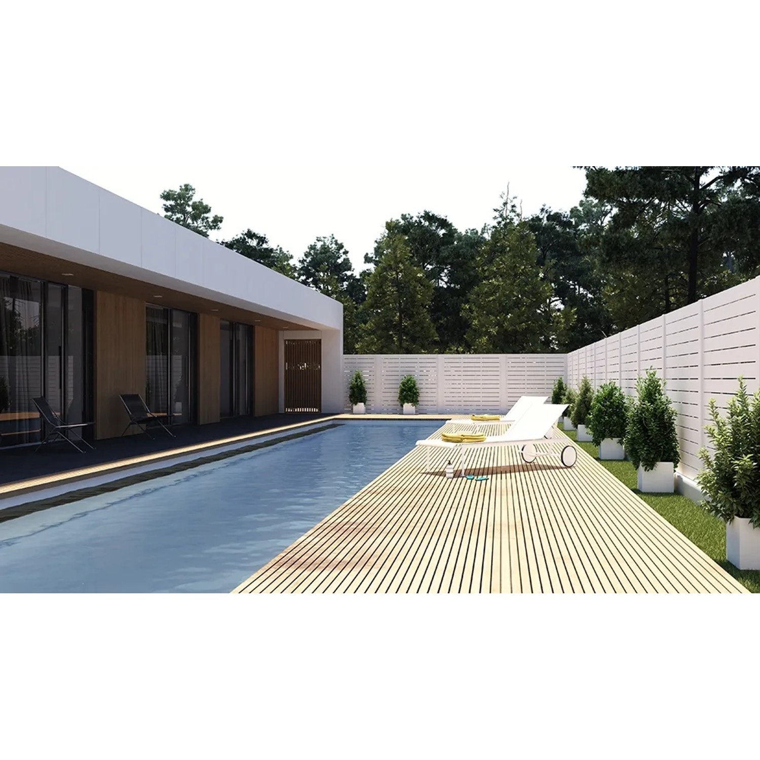 Braunes Sichtschutzzaunelement Faro (180x90cm) neben Pool und Haus.