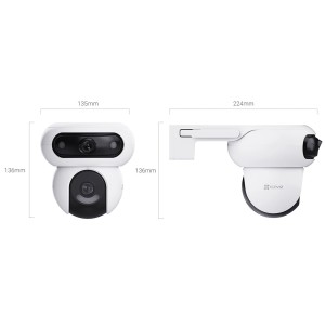 Weiße Ezviz Dualobjektiv-Überwachungskamera H90 mit Maßen für die Kameraüberwachung.
