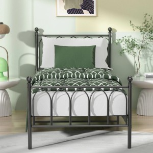 Schwarzes Metallbett 90x200cm mit Lattenrost für Schlaf- oder Gästezimmer. Dekoratives Kopfteil und Fußteil.