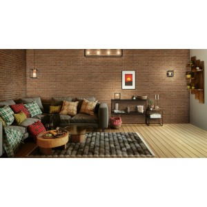 Ledvance Wandlampe Decor Nairobi, schwarz, 17 cm, im Wohnraum mit Backsteinwand.