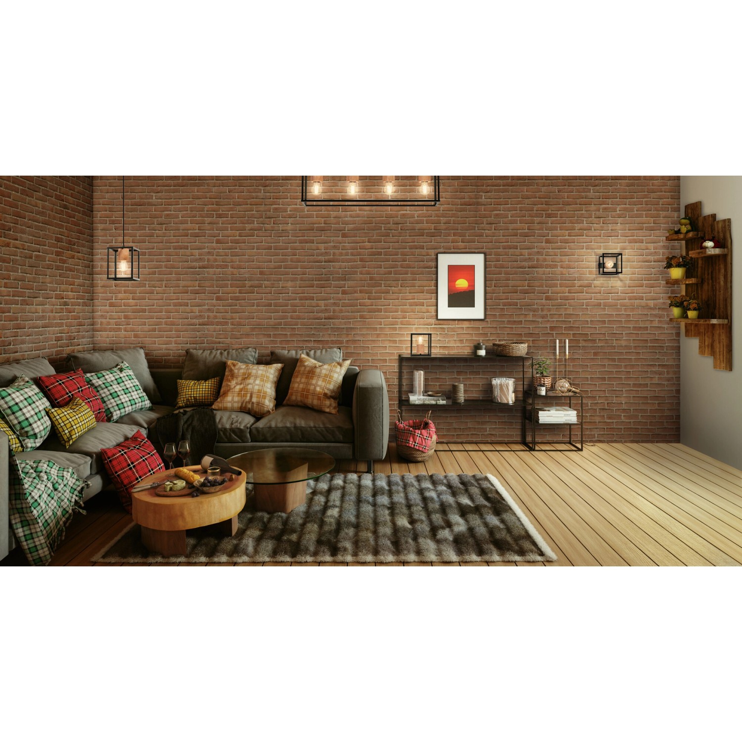 Ledvance Wandlampe Decor Nairobi, schwarz, 17 cm, im Wohnraum mit Backsteinwand.