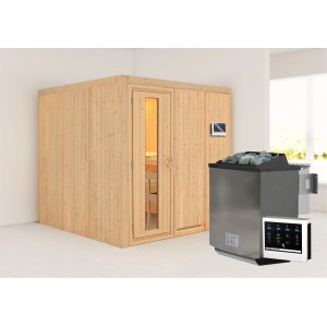 Karibu Sauna Rikka mit Bio-Ofen und externer Steuerung aus naturbelassenem Fichtenholz.