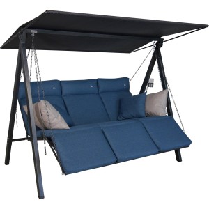 Angerer Hollywoodschaukel 3-Sitzer Lounge Smart Denim mit Sonnendach und blauen Polstern.