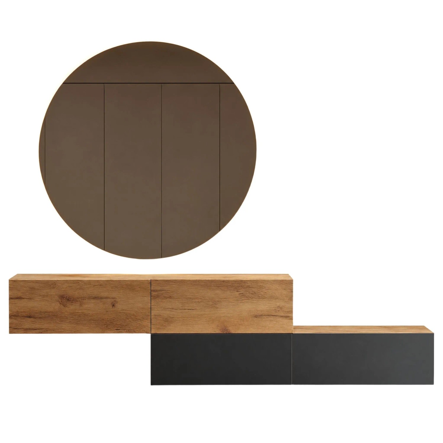 Planetmöbel NOVA Garderoben Set 2 x 160 cm Gold Eiche Gold Eiche Anthrazit Hängend mit LED Spiegel 100 cm Dimmbar Grifflos