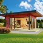 Modernes, rot lasiertes Holz-Gartenhaus Domeo mit Pultdach und Glasfront im Garten.