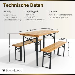 CHEFGASTRO Bierzeltgarnitur WIESN, 3-teilig mit Tisch und Bänken, Holz lackiert, Stahlgestell.