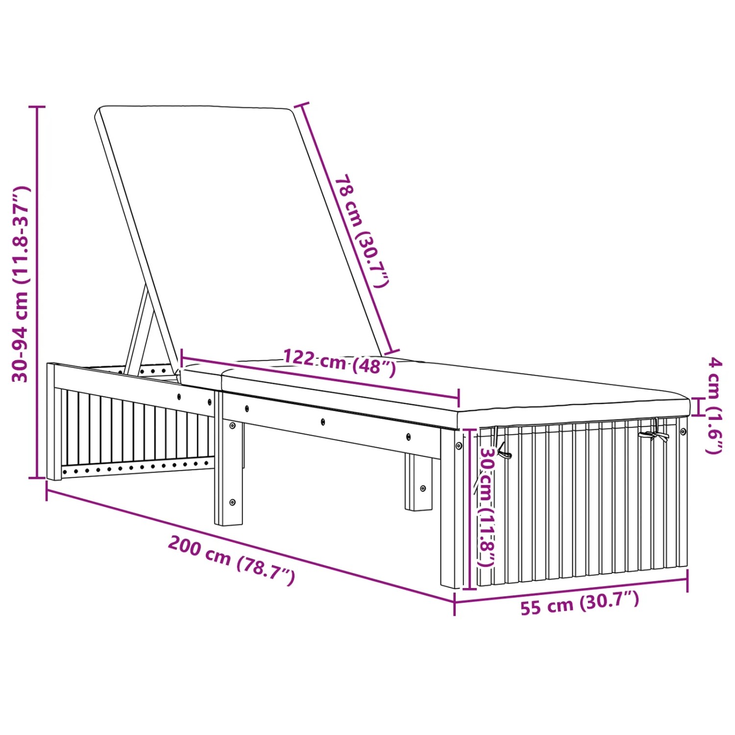 Skizze einer Akazienholz Sonnenliege mit Maßen 200x55x30 cm. Ideal für Garten und Balkon.