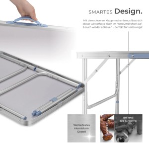 Zusammengeklappter, grauer Tectake Campingtisch Lothar mit Aluminiumgestell.