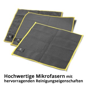 Drei graue STAHLWERK Mikrofasertücher mit gelben Rändern, verschiedene Texturen, ideal für Autopflege & Reinigung.