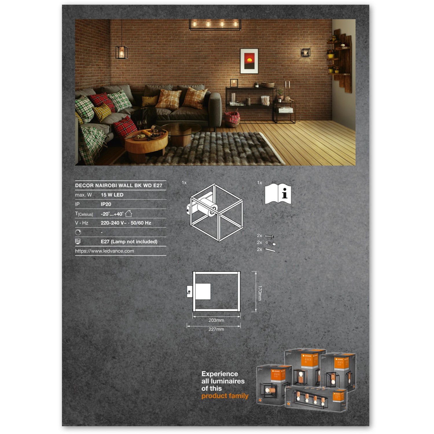 Produktbild der Ledvance Wandlampe Decor Nairobi in Schwarz, 17 cm, im Wohnraum.