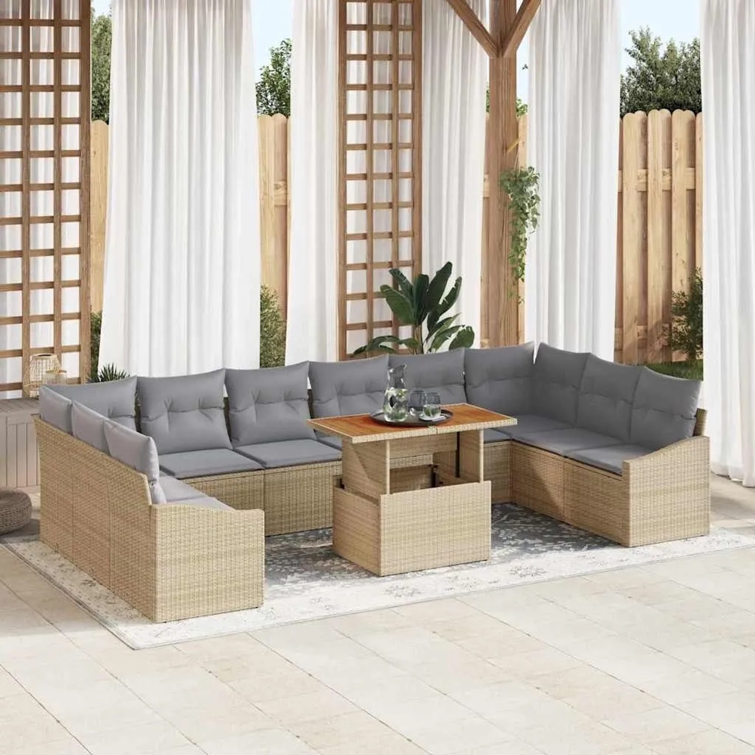 Beige-graue 11-tlg. vidaXL Garten Essgruppe mit Polyrattan, Stahl und Akazienholz. Inkl. Tisch und Kissen.