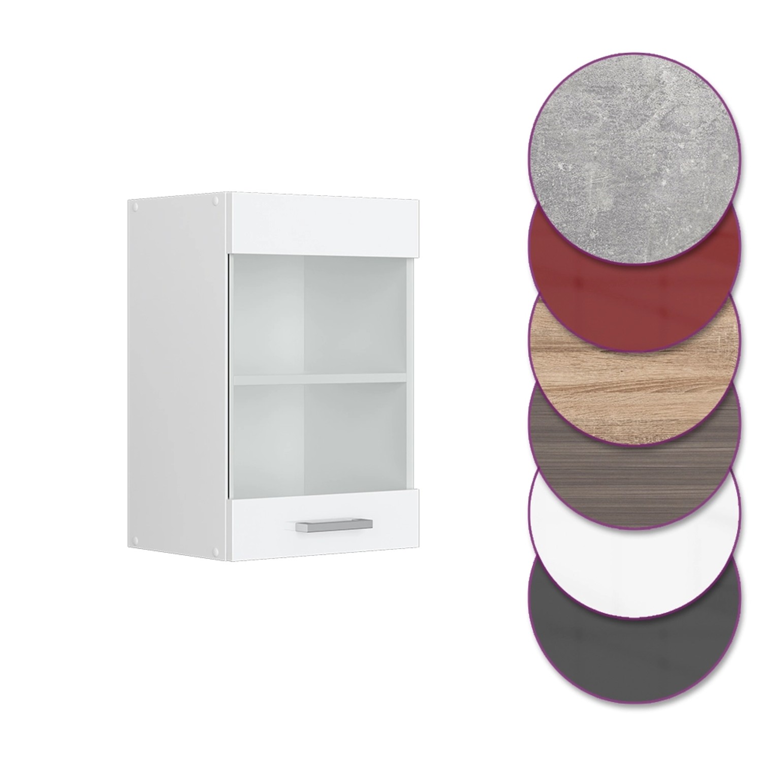 Vicco Küchenglasschrank R-Line, weiß hochglanz, 40 cm breit. Hängeschrank mit Glastür und Schublade.