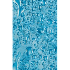 Nahaufnahme eines blauen Duschvorhangs mit realistischen Wassertropfen. Euroshowers Wasserstruktur für Bad.