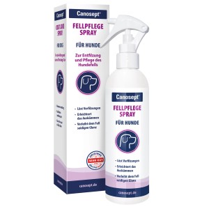 Canosept Fellpflegespray für Hunde, 250ml Flasche und Verpackung. Zur Fellpflege und Entfilzung.