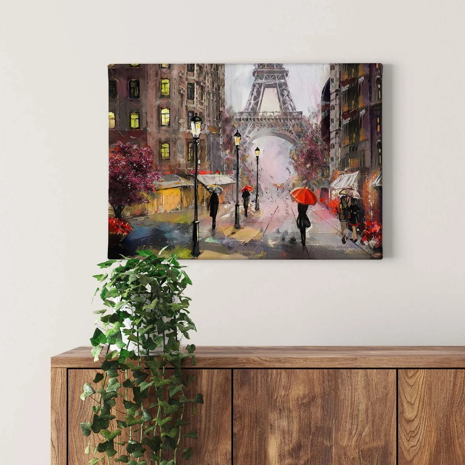 Leinwandbild Paris im Gemälde-Stil mit Eiffelturm in Braun und Rosa als romantische Wanddekoration.
