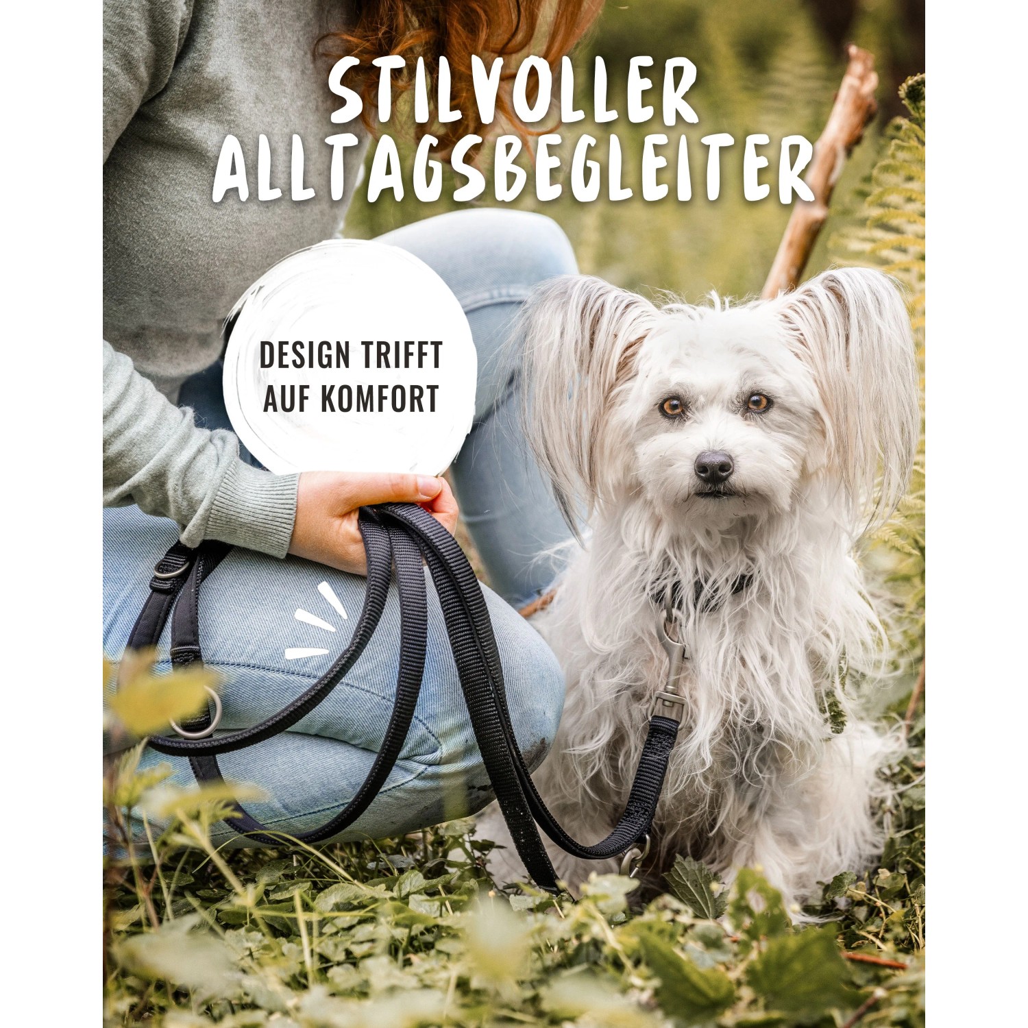 Schwarze Rudelkönig Hundeleine Bella mit gepolstertem Griff und kleinem, weißen Hund.