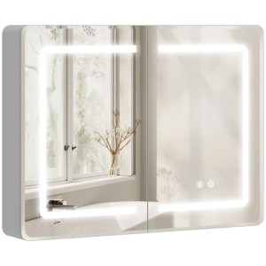 Silberner Spiegelschrank mit LED-Beleuchtung, Touch-Steuerung und Entnebelung. Zwei Spiegeltüren für Bad.