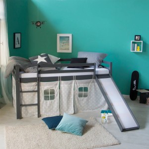 Homestyle4u Hochbett 90x200 mit Vorhang und Rutsche in Grau Sterne 1871
