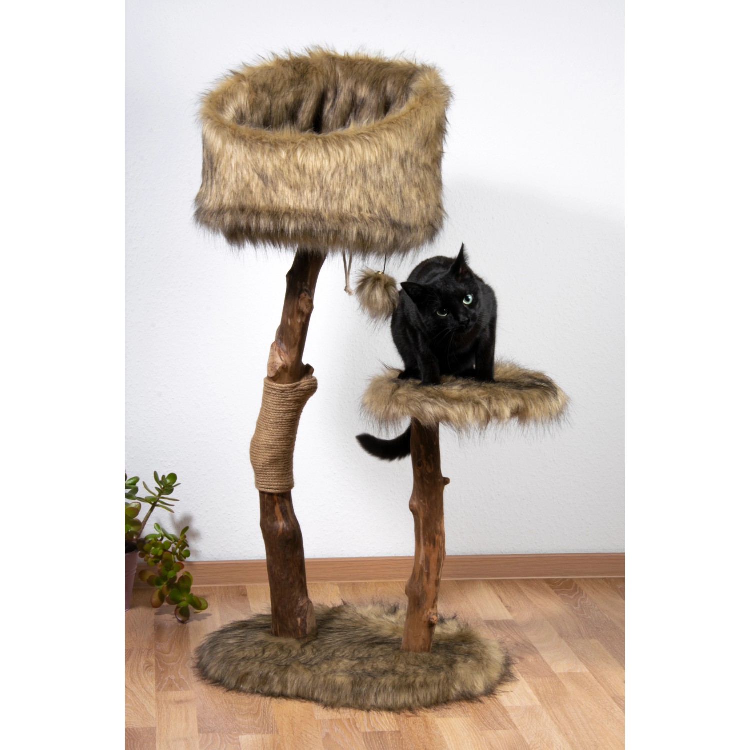 Dobar Design Katzenmöbel Sunny mit Liegeflächen und Kratzstamm, Katze sitzt auf Plattform.