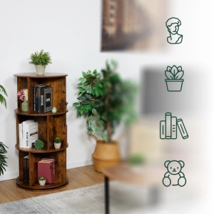 Braunes drehbares Bücherregal aus Holzwerkstoff im Industrial-Design, gefüllt mit Büchern und Deko, 104 cm hoch.