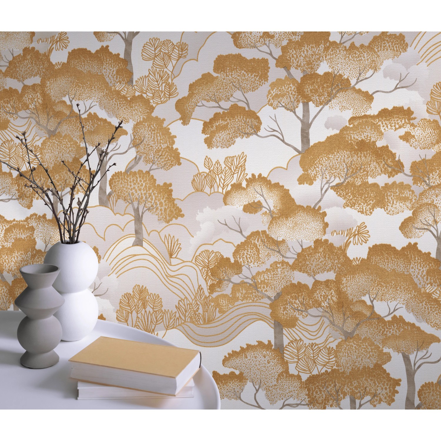 Erismann Vliestapete Elle Decoration 4 Golden Grove Gold mit Waldmotiv.