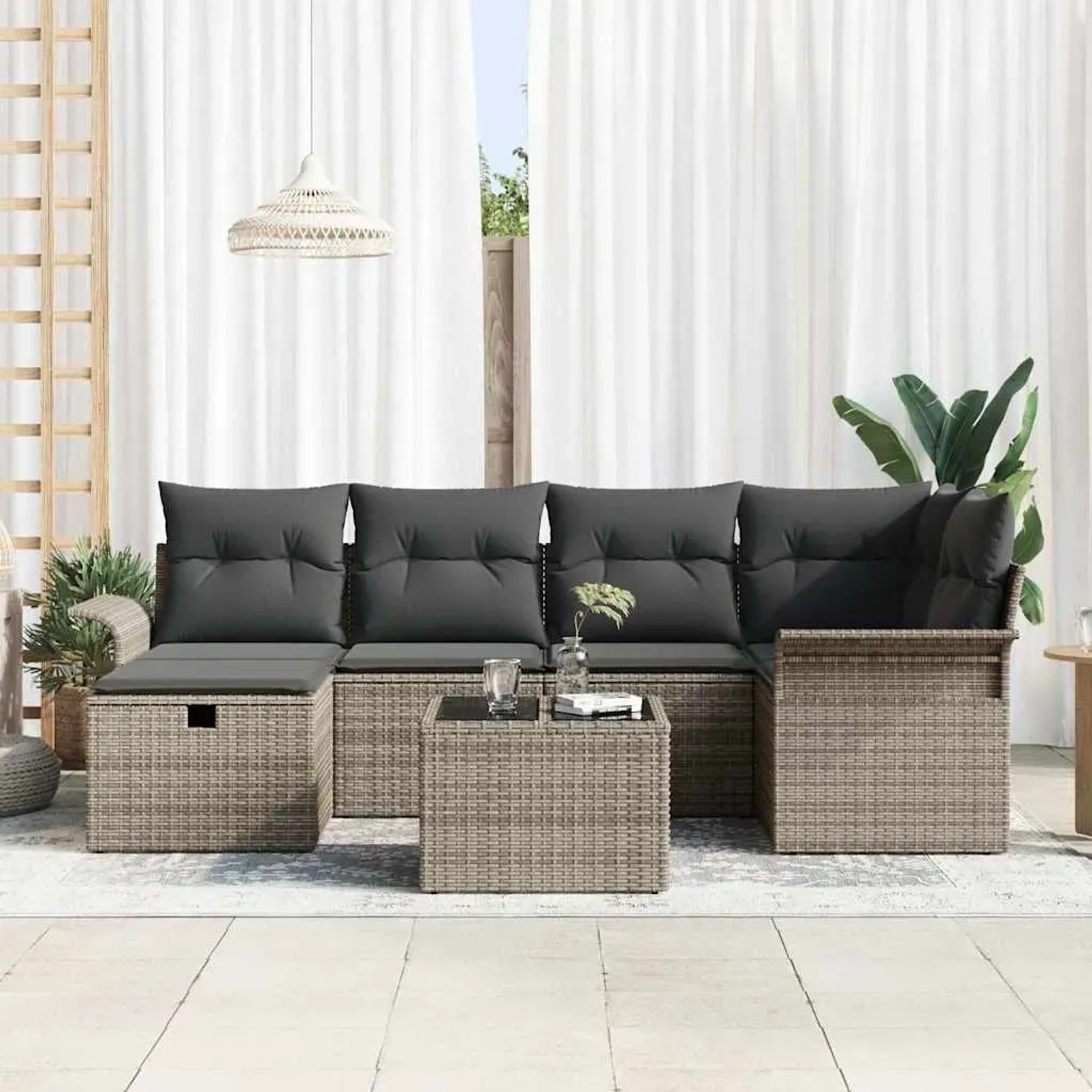 Graues 7-teiliges vidaXL Garten-Sofa-Set aus Poly Rattan mit Kissen und Stauraum.