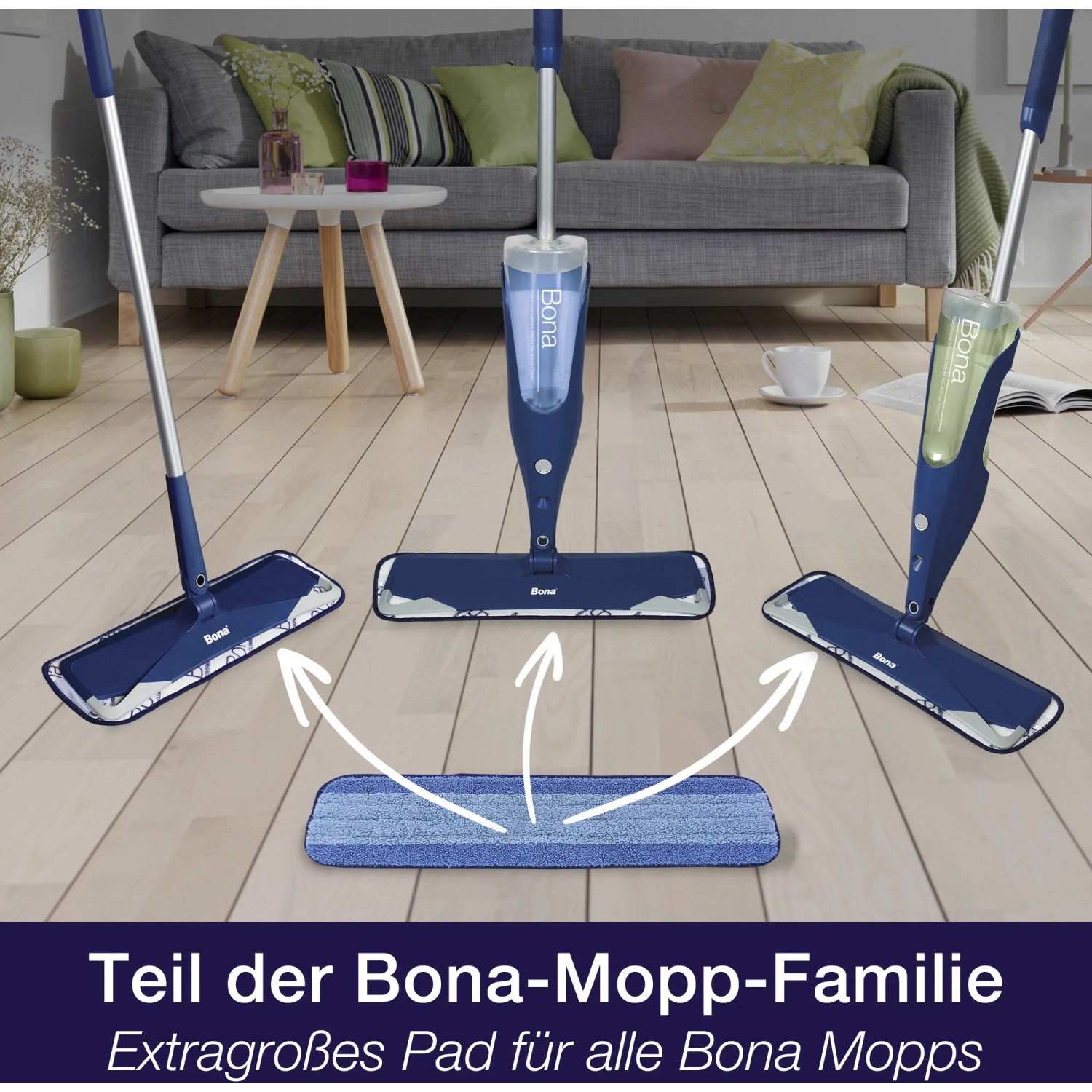 Bona Mikrofaser Reinigungs-Pad mit Mopps im Einsatz, Zwei-Zonen-Design für effektive Reinigung.